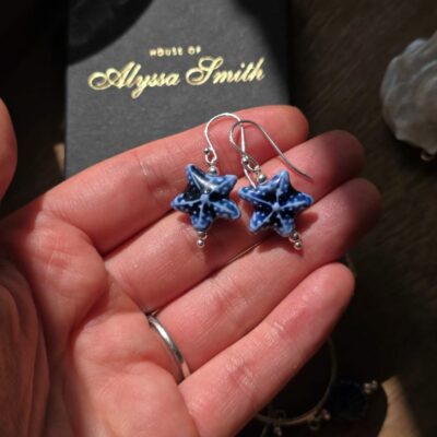 She Sells Sea Shells Blue Ceramic Starfish Drop Earrings in Sterling Silver