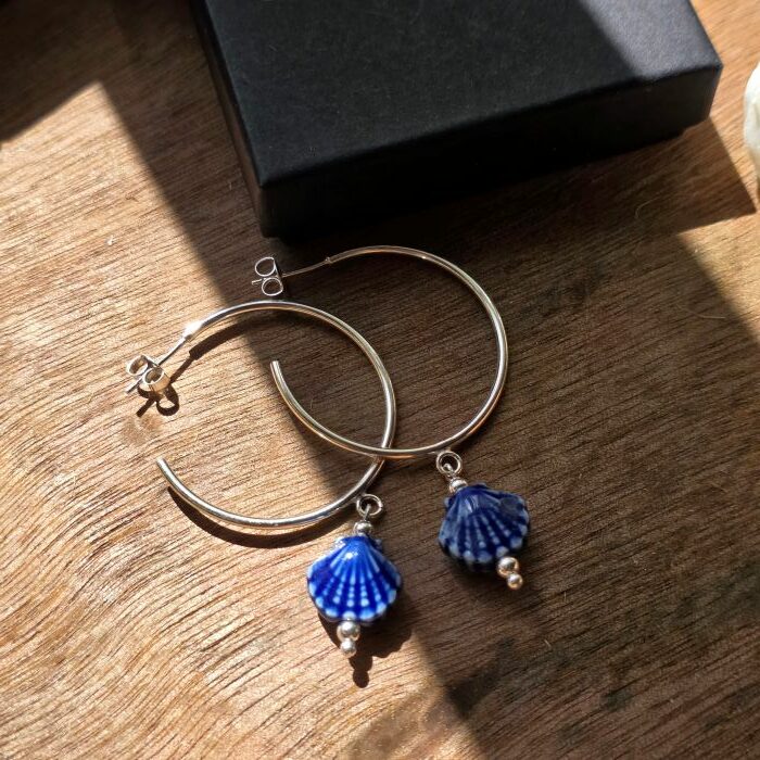 She Sells Sea Shells Statement Blue Ceramic Shell Hoops in Sterling Silver - Image 2