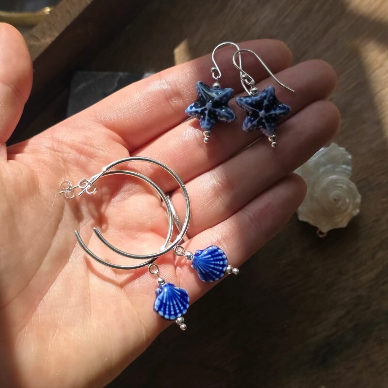 She Sells Sea Shells Statement Blue Ceramic Shell Hoops in Sterling Silver - Image 3