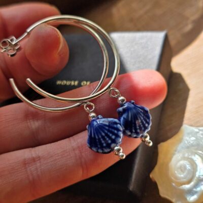 She Sells Sea Shells Statement Blue Ceramic Shell Hoops in Sterling Silver