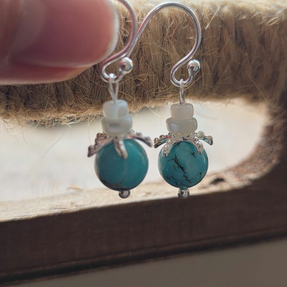 Starfish Lagoon Turquoise & Mother of Pearl Drop Earrings in Sterling Silver