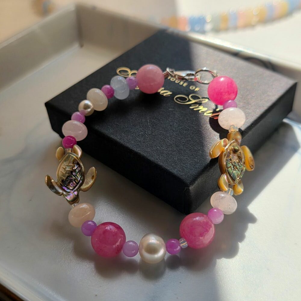 Day Dream in Pink Turtle and Jade Bracelet in Sterling Silver- 7.5 inches
