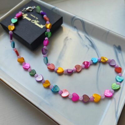 Gorgeous Summertime Vibes Mother of Pearl Hearts and Jade Necklace in Sterling Silver - 18 inches
