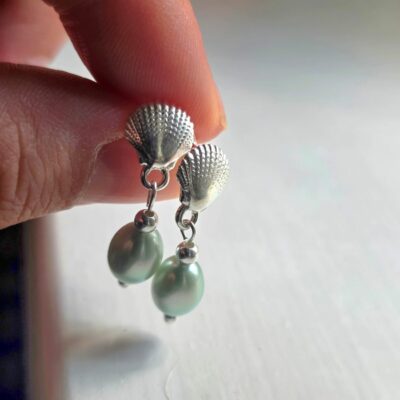 Limited Edition Sea Foam Fresh Water Pearl Shell Drop Studs in Sterling Silver