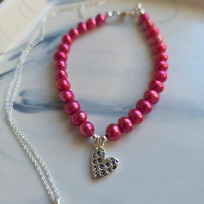Pink Pearl Mini Glitter Chequered Heart Bracelet in Sterling Silver