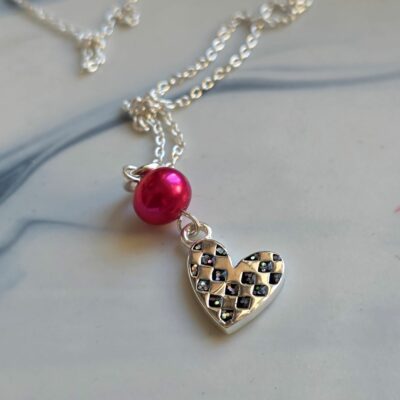 Pink Pearl Mini Glitter Chequered Heart Necklace in Sterling Silver