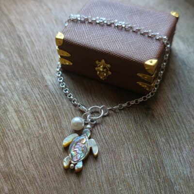 Rainbow Mother of Pearl Turtle Treasure Bracelet in Sterling Silver - 7 Inches