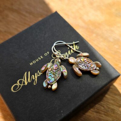 Rainbow Tides Mother of Pearl Turtle Drop Earrings in Sterling Silver