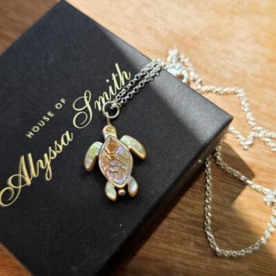 Rainbow Tides Mother of Pearl Turtle Necklace in Sterling Silver