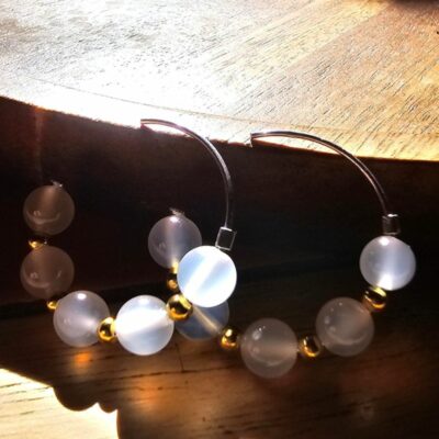 Sea Mist Cat's Eye Beaded Hoops in Sterling Silver