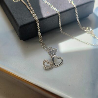 Trio of Sparkling Hearts Necklace in Sterling Silver- 16-18 inches