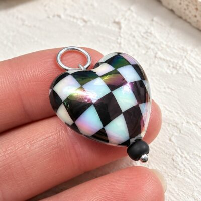 Aurora Borealis Chequered Puffed Heart Pendant in Sterling Silver