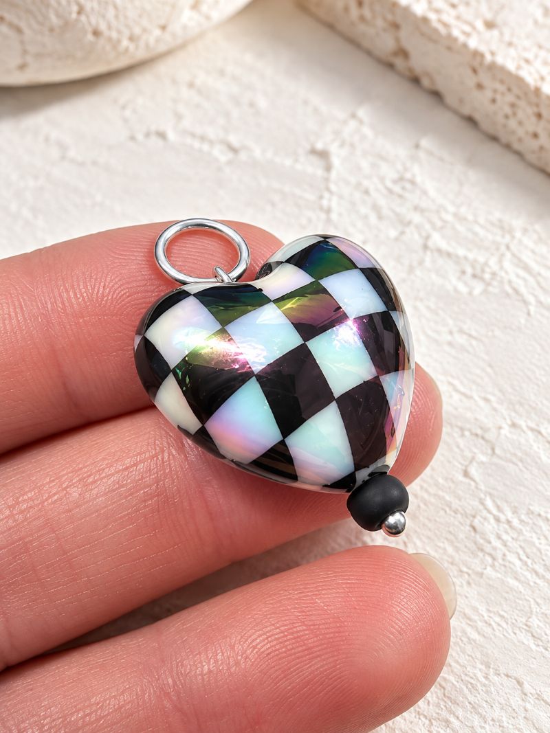 Aurora Borealis Chequered Puffed Heart Pendant in Sterling Silver
