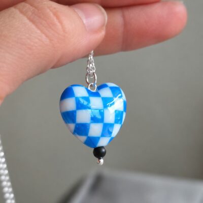 Blue Aurora Borealis Chequered Puffed Heart Necklace in Sterling Silver