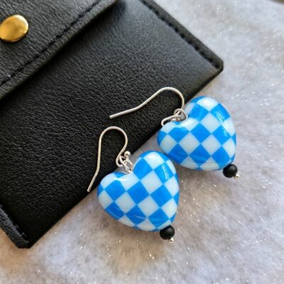 Blue Aurora Borealis Chequered Puffed Heart Drop Earrings in Sterling Silver