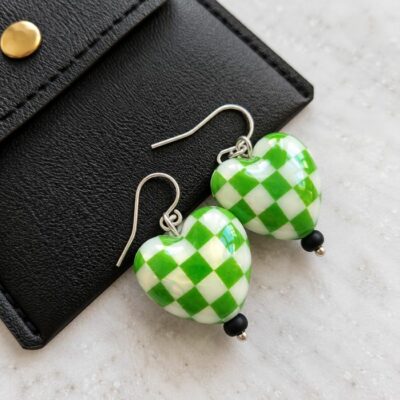Green Aurora Borealis Chequered Puffed Heart Drop Earrings in Sterling Silver