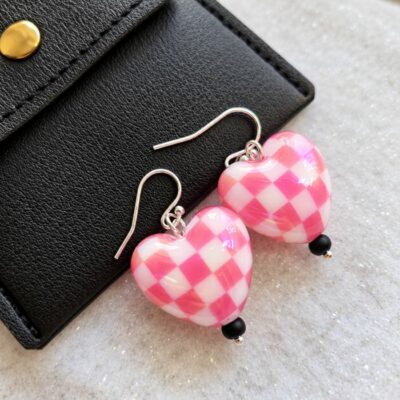 Pink Aurora Borealis Chequered Puffed Heart Drop Earrings in Sterling Silver