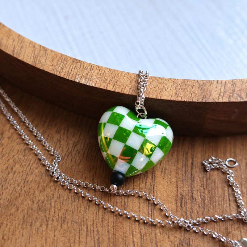 Green Aurora Borealis Chequered Puffed Heart Necklace in Sterling Silver