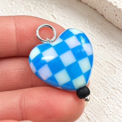 Blue Aurora Borealis Chequered Puffed Heart Pendant in Sterling Silver