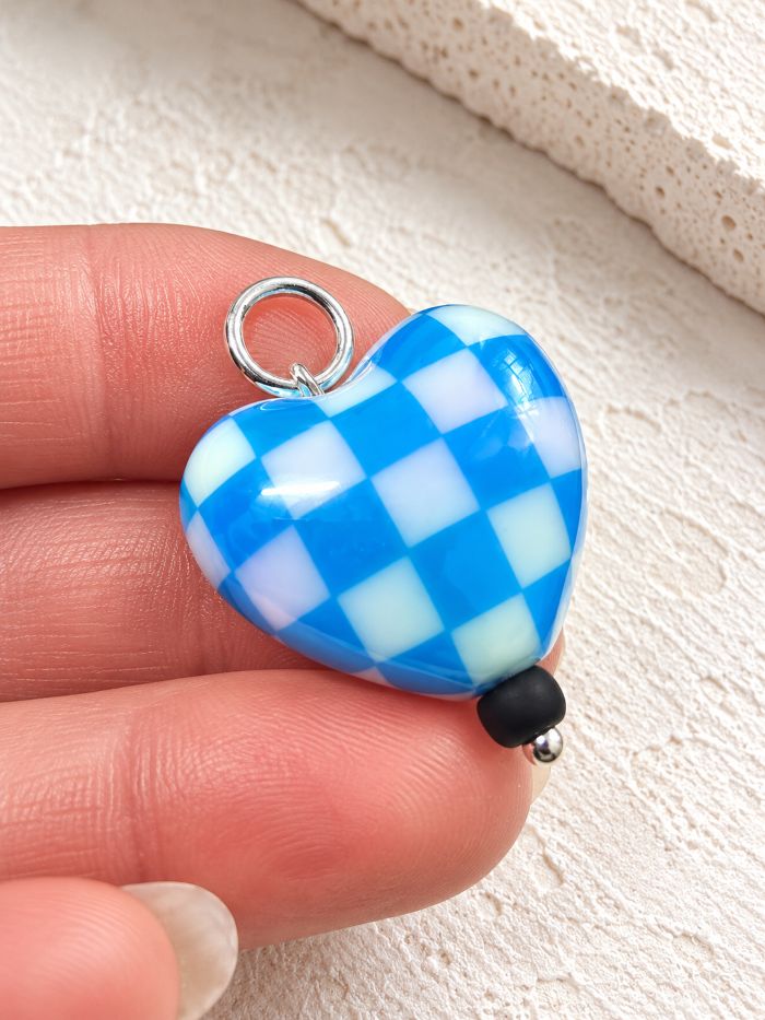 Blue Aurora Borealis Chequered Puffed Heart Pendant in Sterling Silver