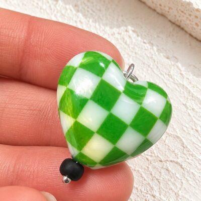 Green Aurora Borealis Chequered Puffed Heart Pendant in Sterling Silver