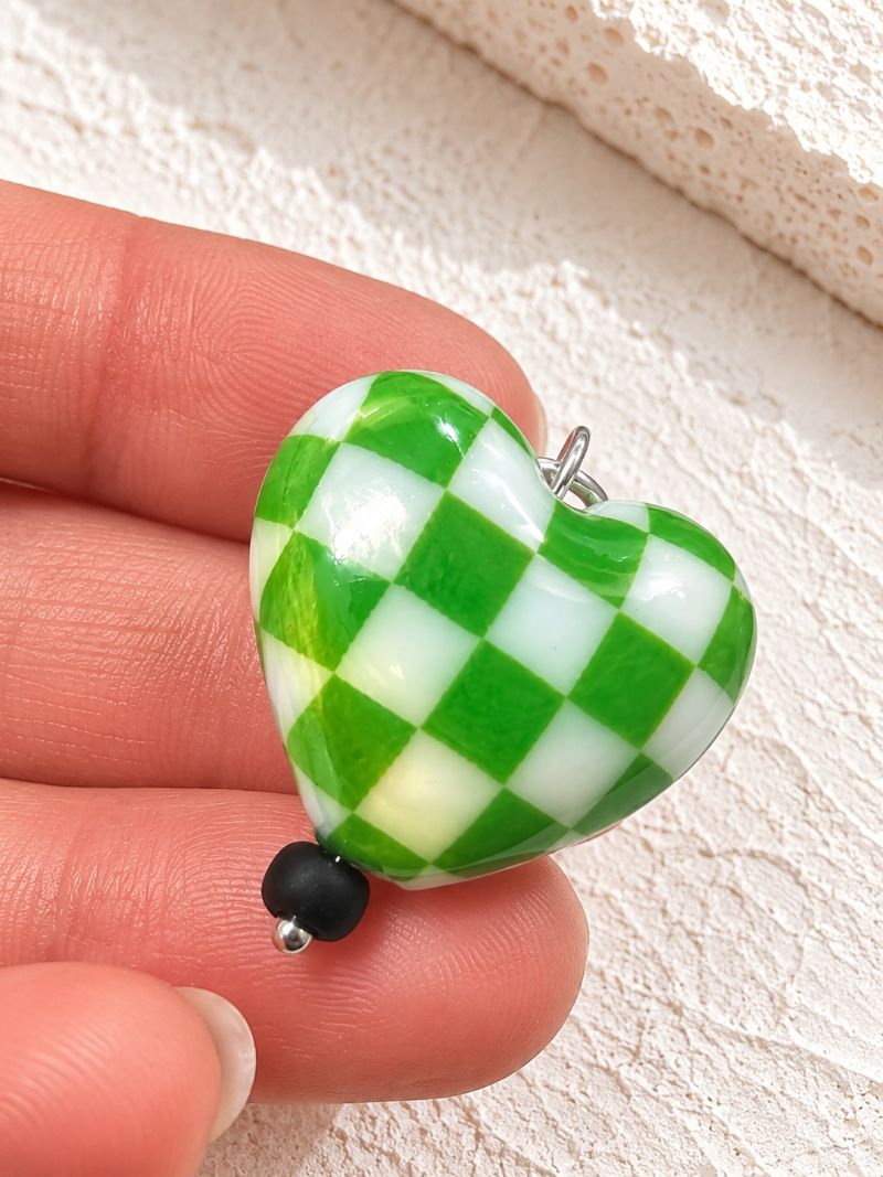 Green Aurora Borealis Chequered Puffed Heart Pendant in Sterling Silver
