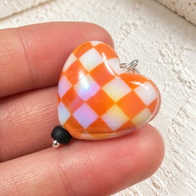 Orange Aurora Borealis Chequered Puffed Heart Pendant in Sterling Silver