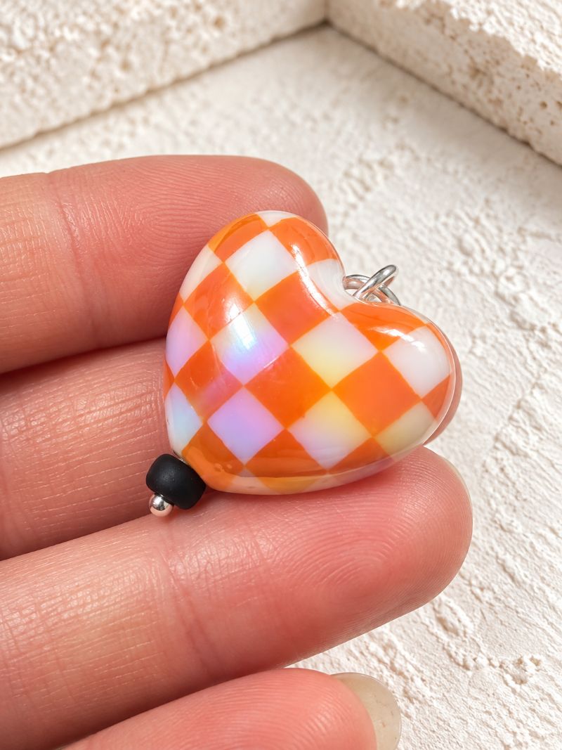 Orange Aurora Borealis Chequered Puffed Heart Pendant in Sterling Silver