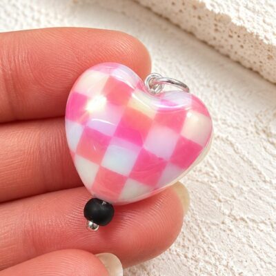 Pink Aurora Borealis Chequered Puffed Heart Pendant in Sterling Silver