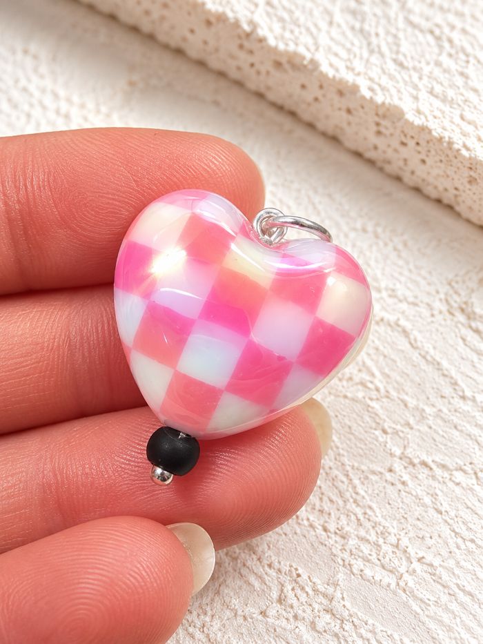 Pink Aurora Borealis Chequered Puffed Heart Pendant in Sterling Silver