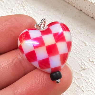 Red Aurora Borealis Chequered Puffed Heart Pendant in Sterling Silver