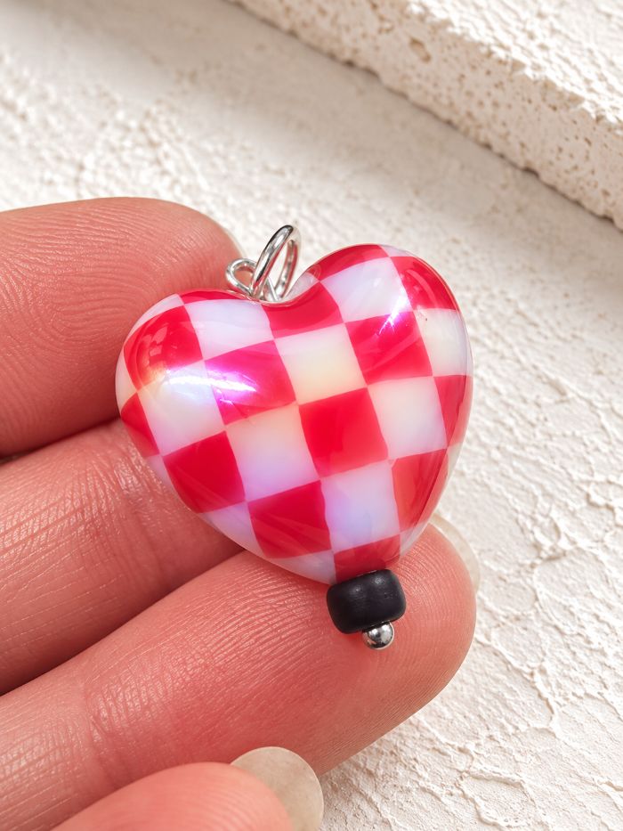 Red Aurora Borealis Chequered Puffed Heart Pendant in Sterling Silver