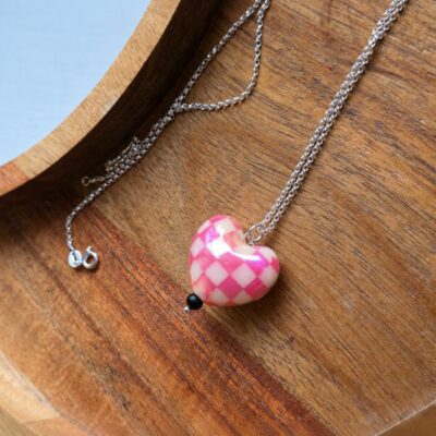 Pink Aurora Borealis Chequered Puffed Heart Necklace in Sterling Silver