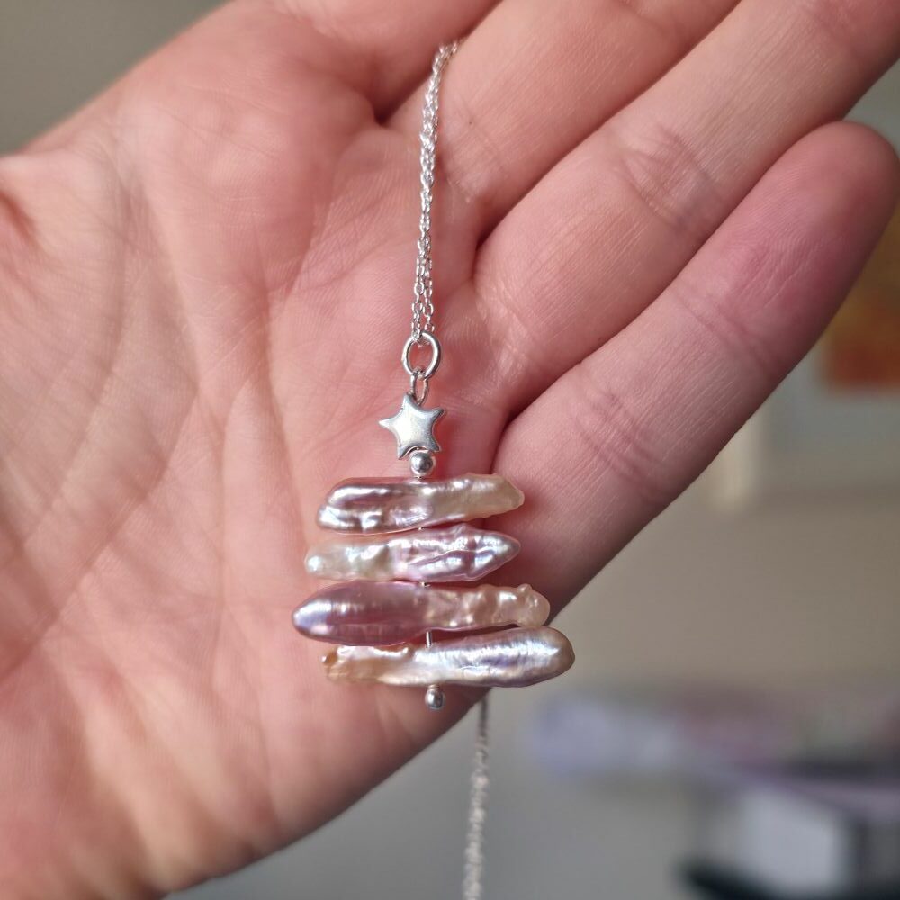 Biwa Freshwater Pearl & Hematine Star Christmas Tree Necklace in Sterling Silver – Limited Edition 2 Day Special