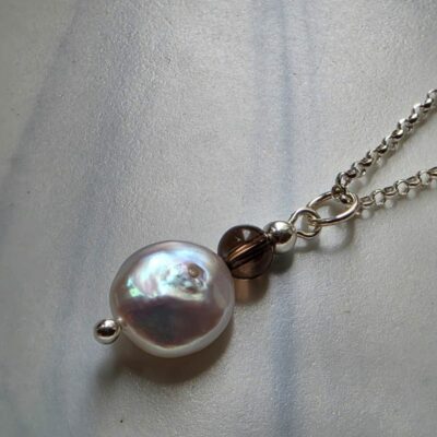 Freshwater Coin Pearl & Smokey Quartz Dropper Necklace in Sterling Silver