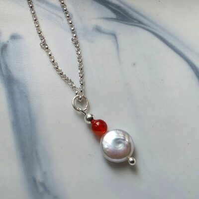 Freshwater Coin Pearl & Carnelian Dropper Necklace in Sterling Silver