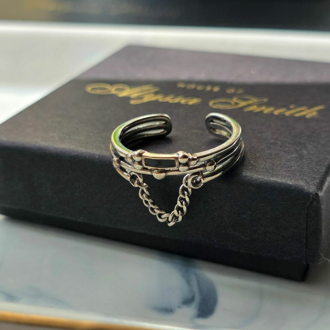 Gothic Promise Chain Mail Adjustable Open Ring in Sterling Silver - Image 3