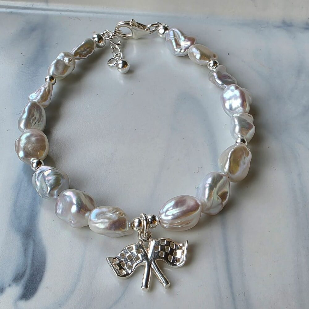 Hamilton Podium Organic Keshi Freshwater Pearl Double Flag Bracelet in Sterling Silver