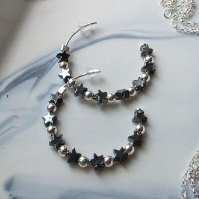 Practical Magic Mini Hematite Stars Hoops in Sterling Silver