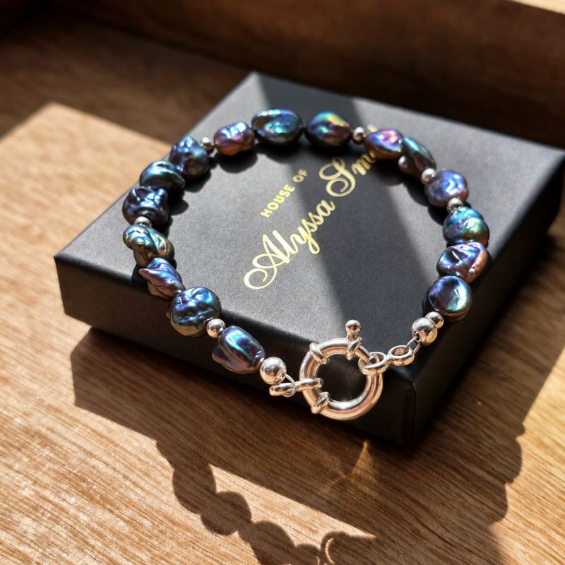 Hamilton Podium Organic Keshi Freshwater Pearl Statement Bracelet in Sterling Silver - Petrol Edition