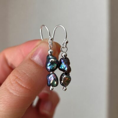 Hamilton Podium Organic Keshi Freshwater Pearl Drop Earrings in Sterling Silver - Petrol Edition