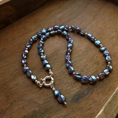 Hamilton Podium Organic Keshi Freshwater Pearl Statement Necklace in Sterling Silver - Petrol Edition