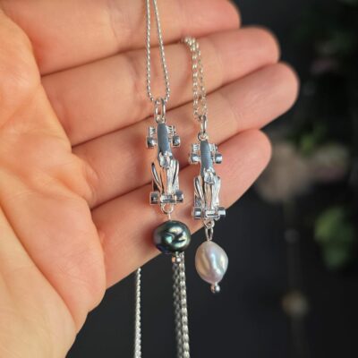 Race Car Dangly Necklace in Sterling Silver with Freshwater Pearl