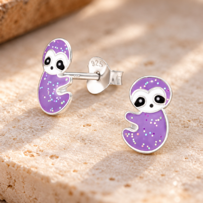 Purple Sparkly Sloth Studs in Sterling Silver